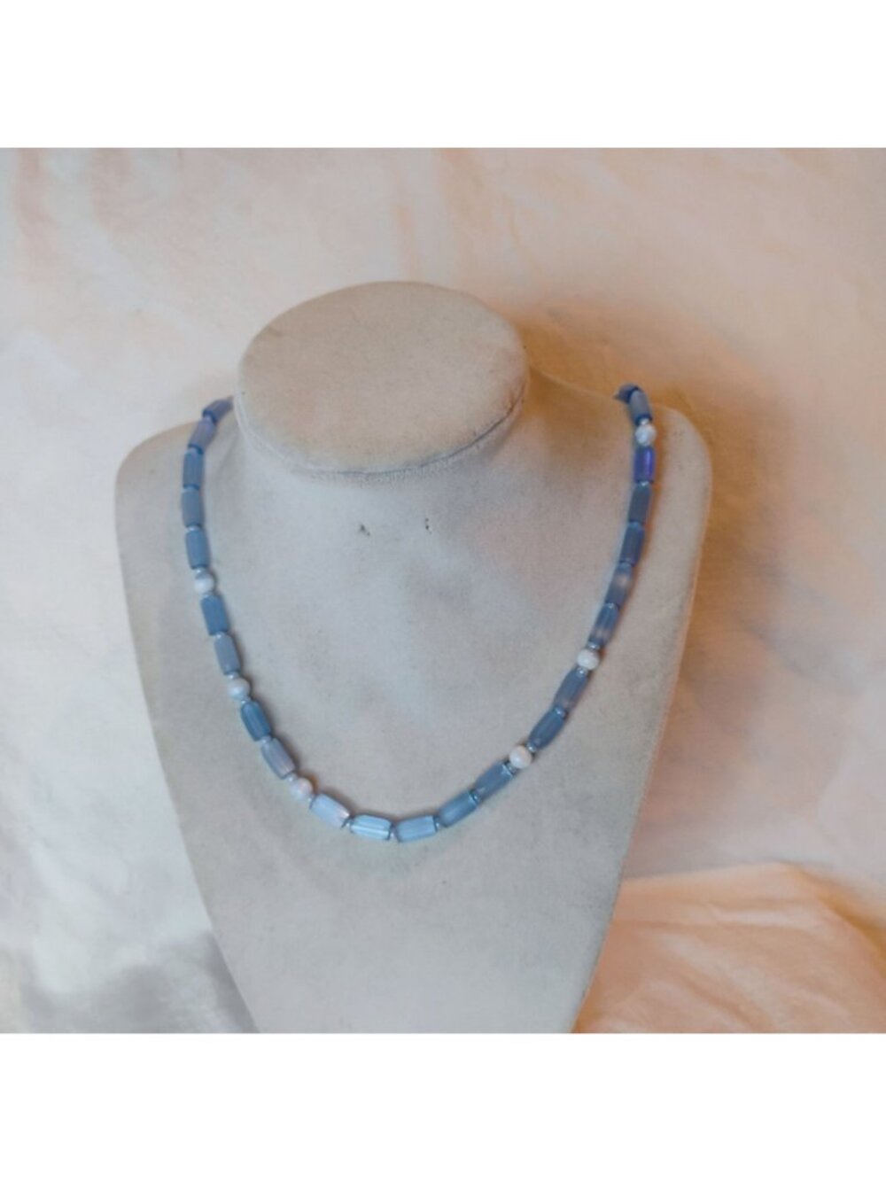 Vintage Art Deco Czech Faceted Blue Atlas Satin Art Glass Beaded Necklace 20" - Picture 5 of 7